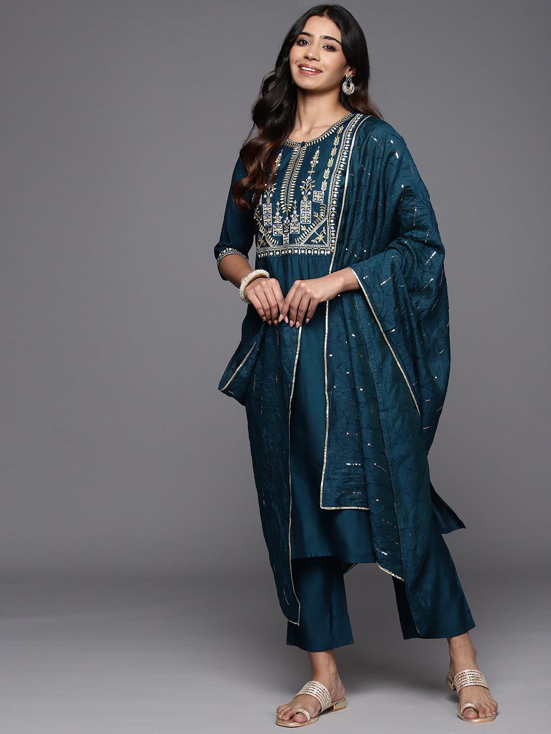 Blue Yoke Design Silk Blend Straight Kurta With Trousers & Dupatta - Libas 