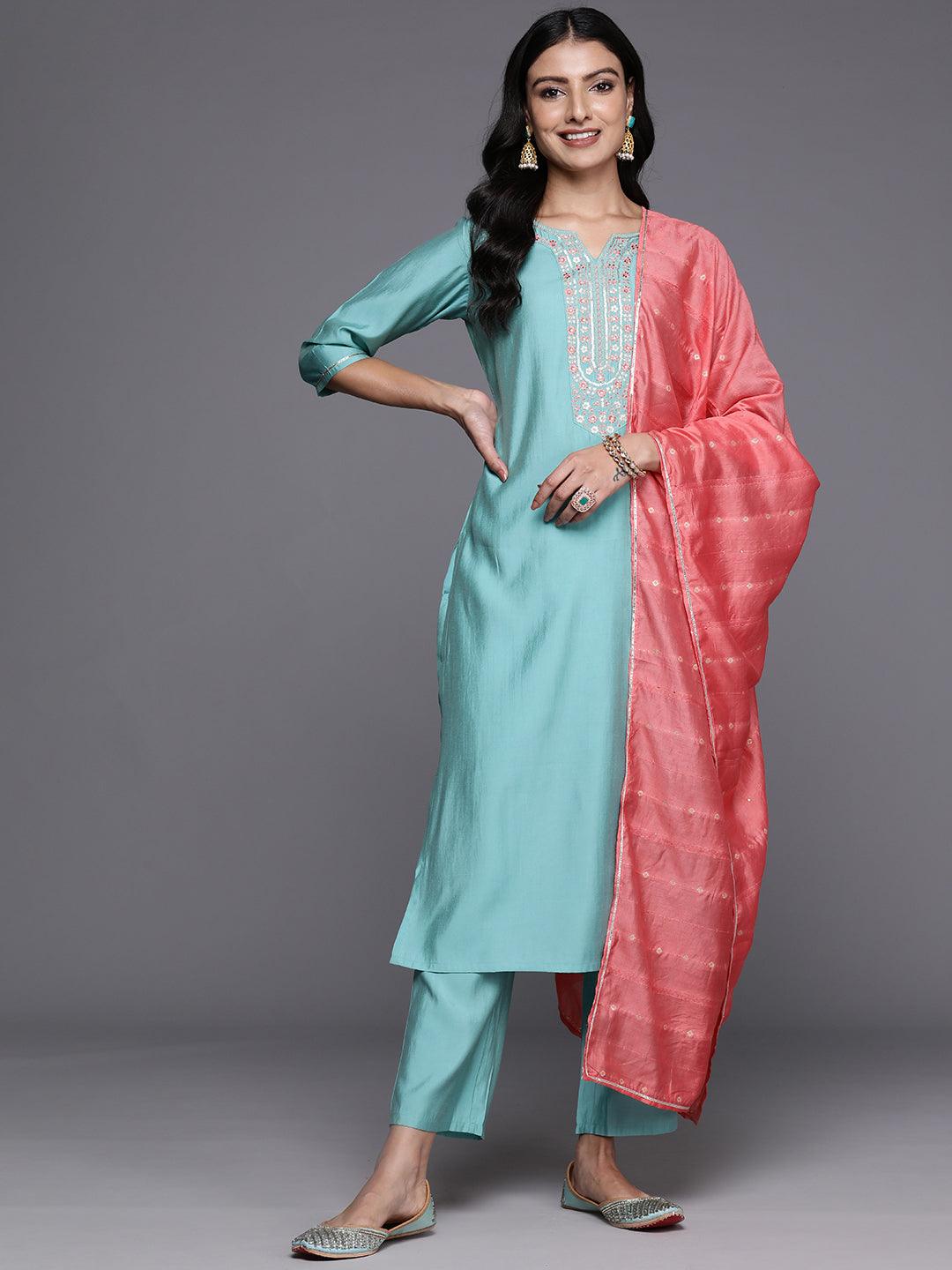 Blue Yoke Design Silk Blend Straight Kurta With Trousers & Dupatta - Libas