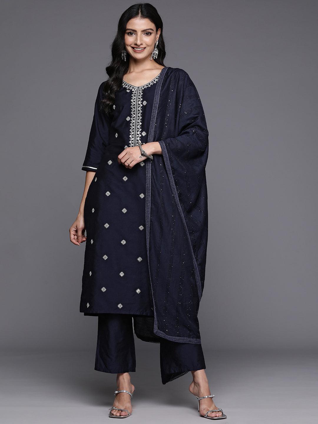 Blue Yoke Design Silk Blend Straight Kurta With Trousers & Dupatta - Libas 