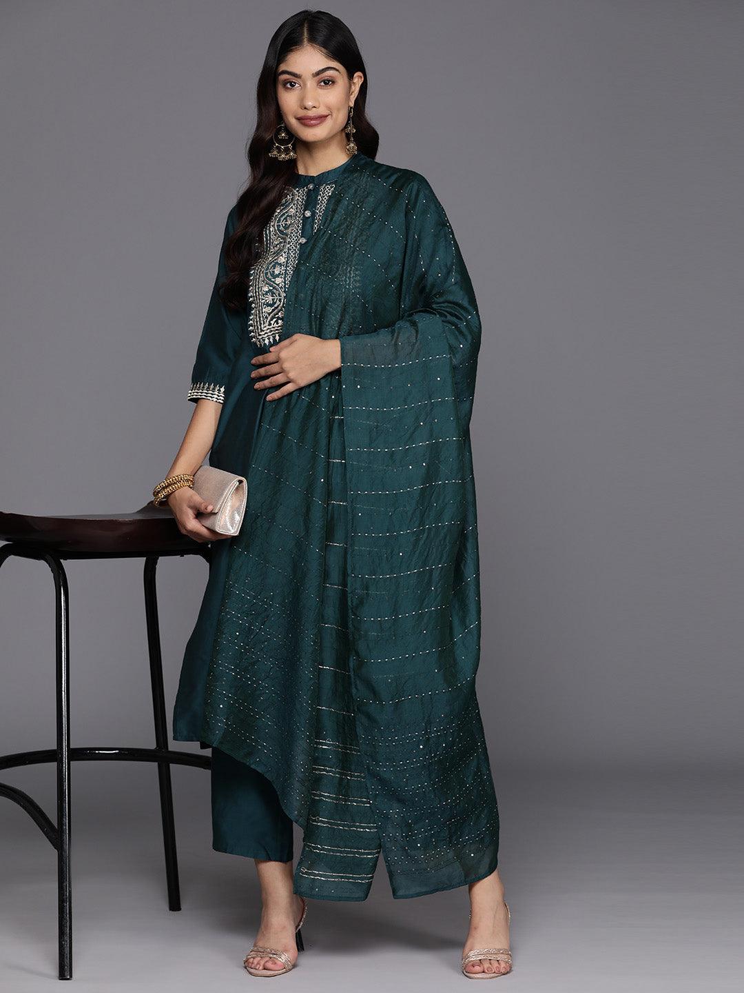 Blue Yoke Design Silk Blend Straight Kurta With Trousers & Dupatta - Libas