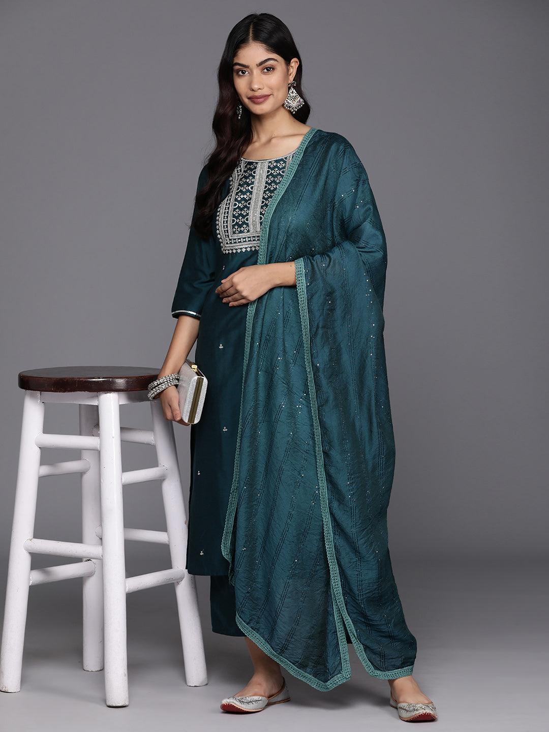 Blue Yoke Design Silk Blend Straight Kurta With Trousers & Dupatta - Libas 