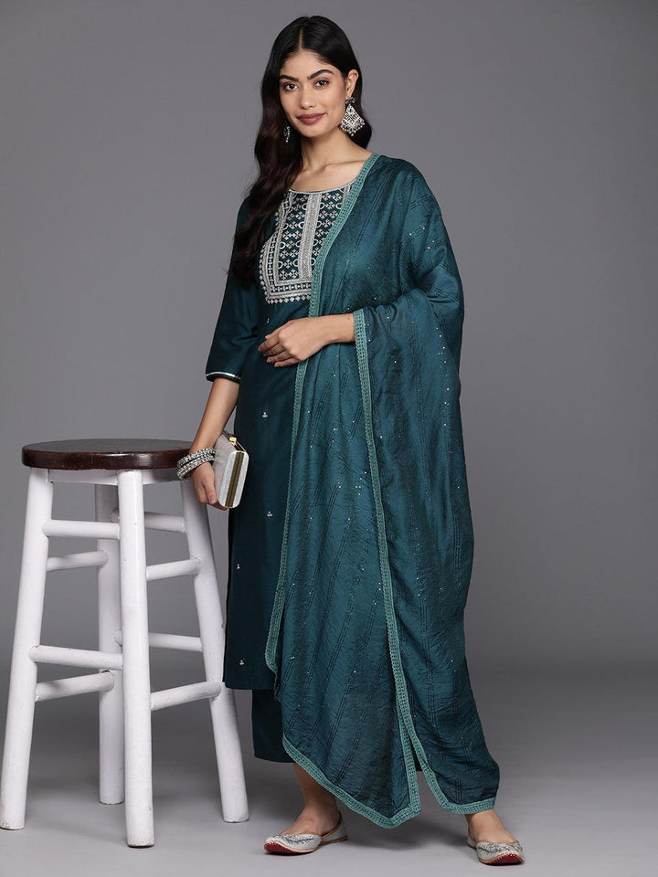 Blue Yoke Design Silk Blend Straight Kurta With Trousers & Dupatta - Libas