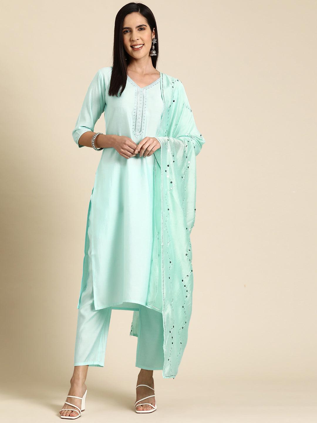 Blue Yoke Design Silk Blend Straight Kurta With Trousers & Dupatta - Libas 