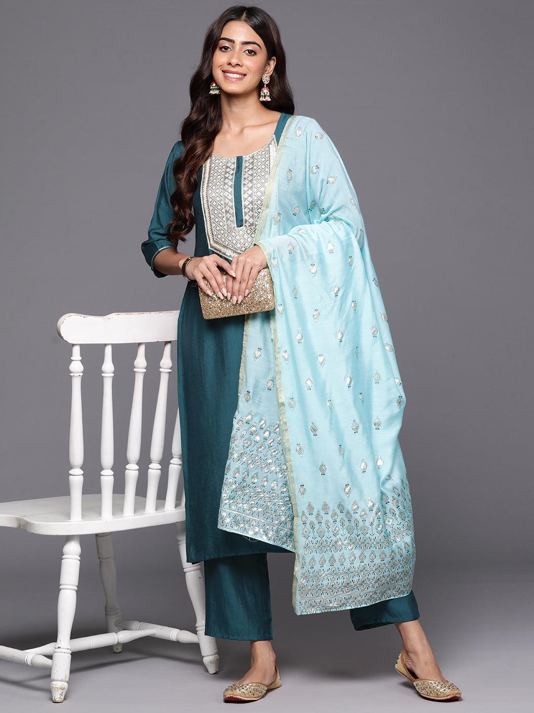 Blue Yoke Design Silk Blend Straight Kurta With Trousers & Dupatta - Libas