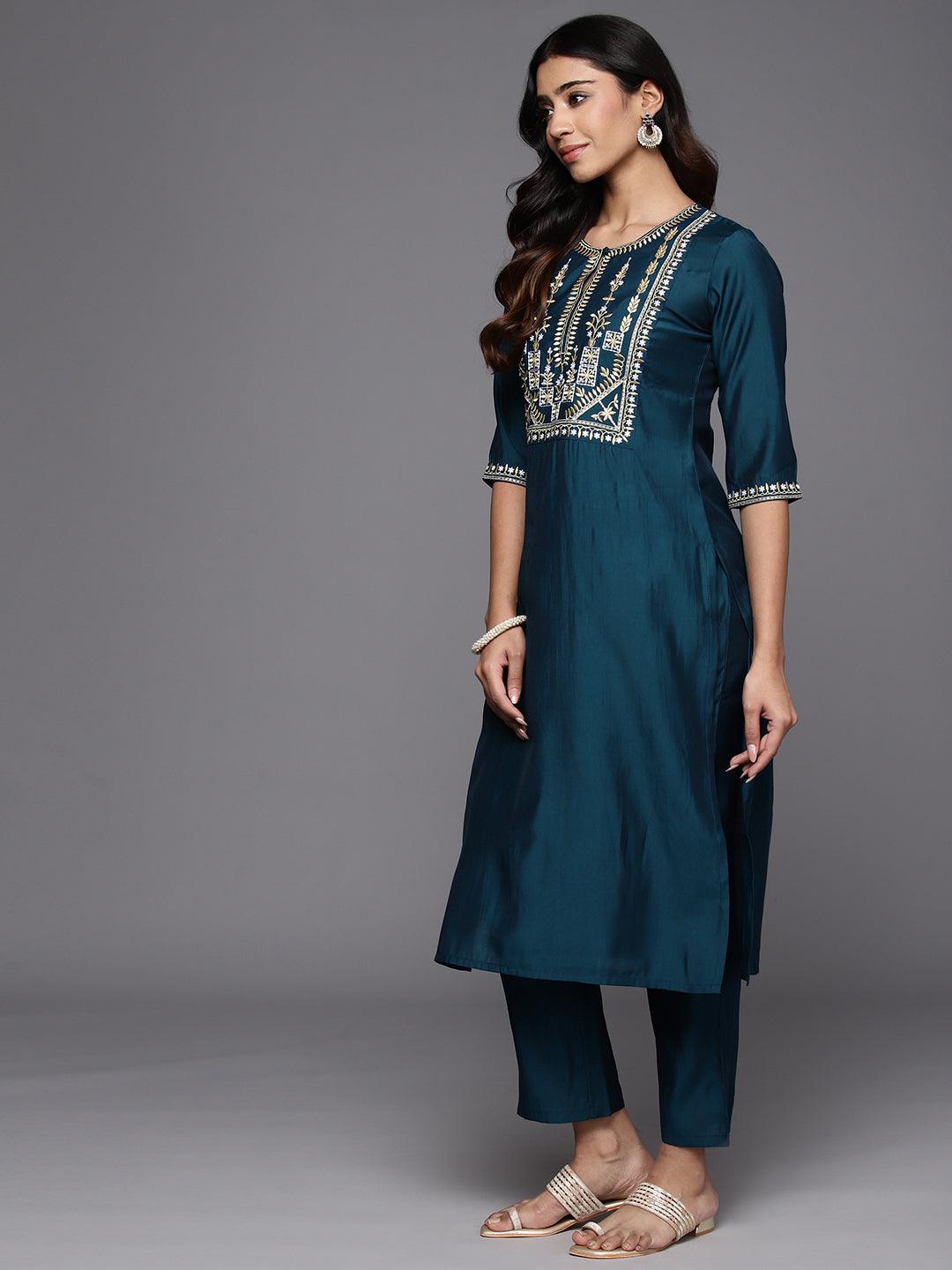 Blue Yoke Design Silk Blend Straight Kurta With Trousers & Dupatta - Libas 