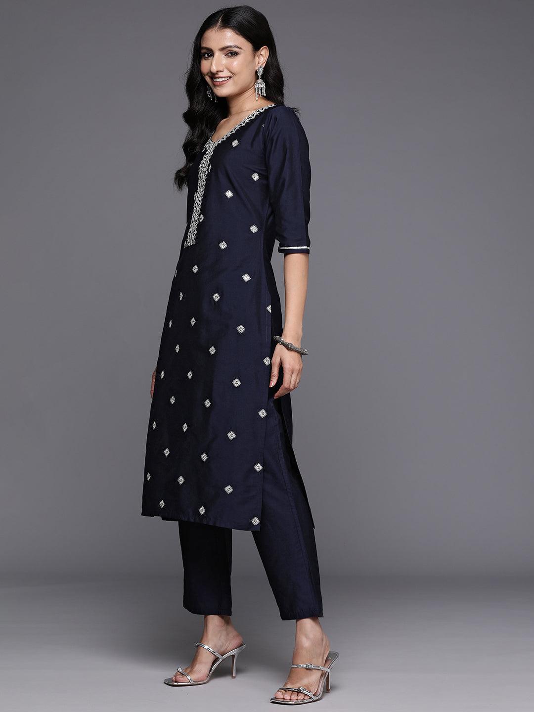 Blue Yoke Design Silk Blend Straight Kurta With Trousers & Dupatta - Libas 