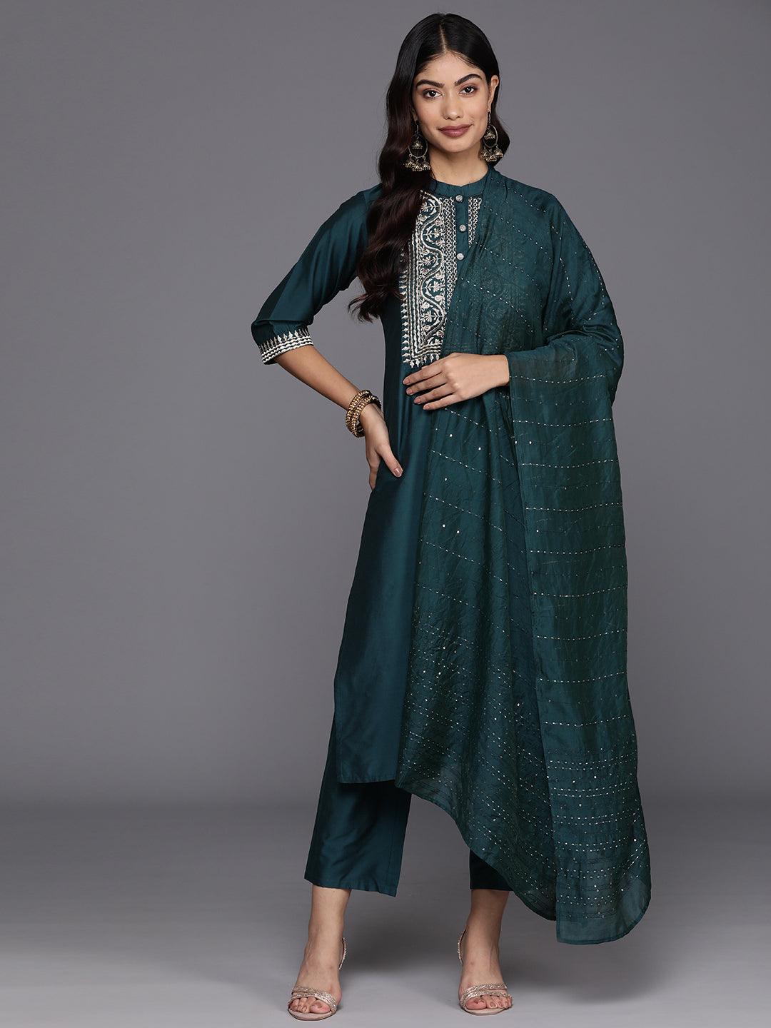 Blue Yoke Design Silk Blend Straight Kurta With Trousers & Dupatta - Libas