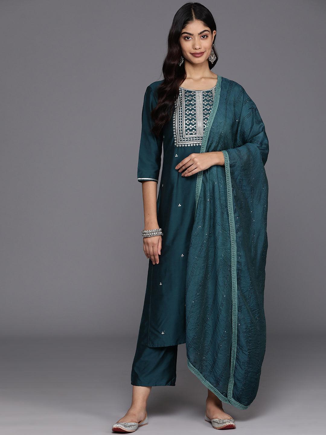 Blue Yoke Design Silk Blend Straight Kurta With Trousers & Dupatta - Libas