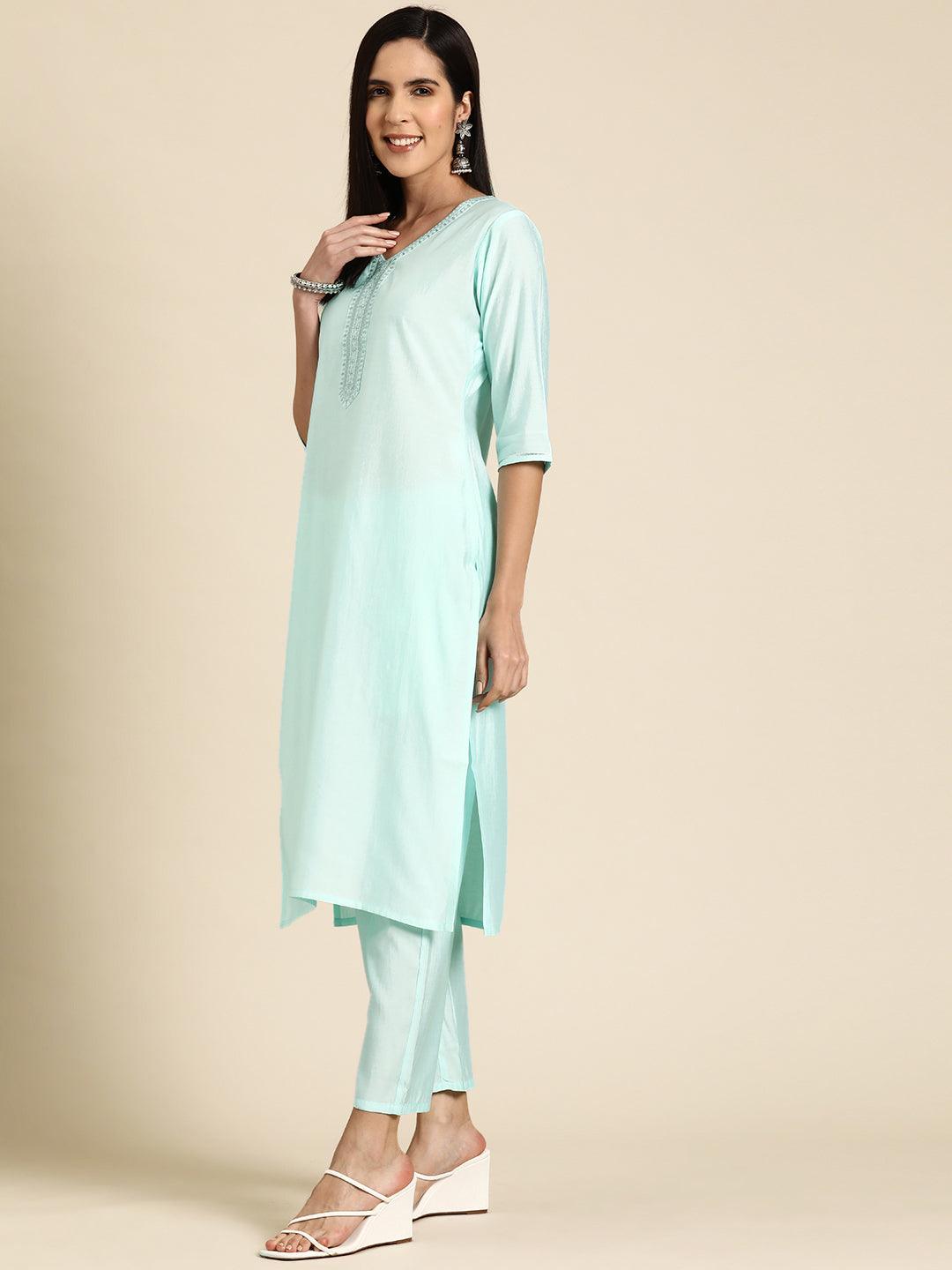 Blue Yoke Design Silk Blend Straight Kurta With Trousers & Dupatta - Libas 