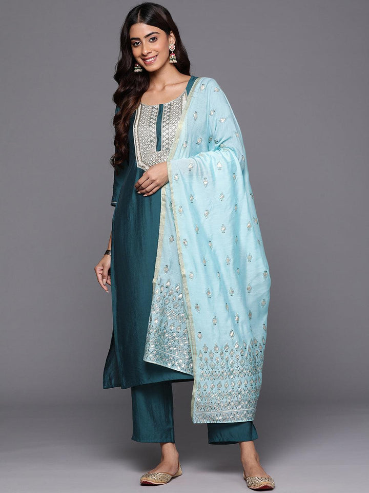 Blue Yoke Design Silk Blend Straight Kurta With Trousers & Dupatta - Libas