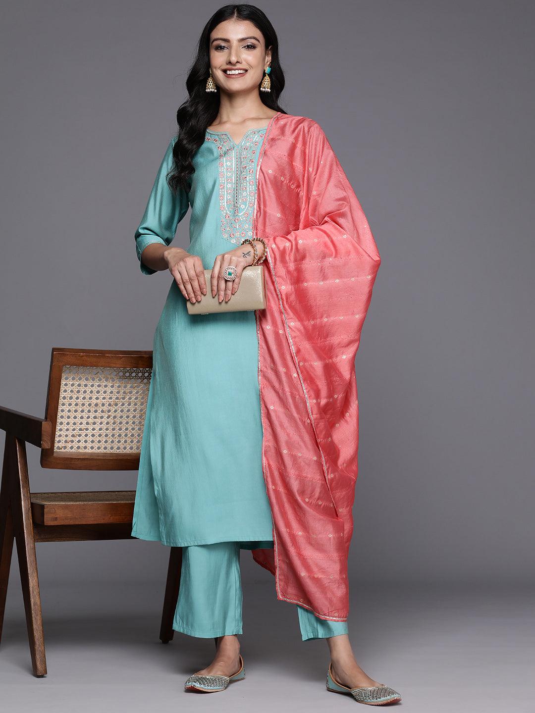 Blue Yoke Design Silk Blend Straight Kurta With Trousers & Dupatta - Libas