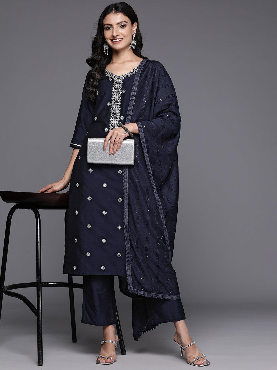 Blue Yoke Design Silk Blend Straight Kurta With Trousers & Dupatta - Libas 