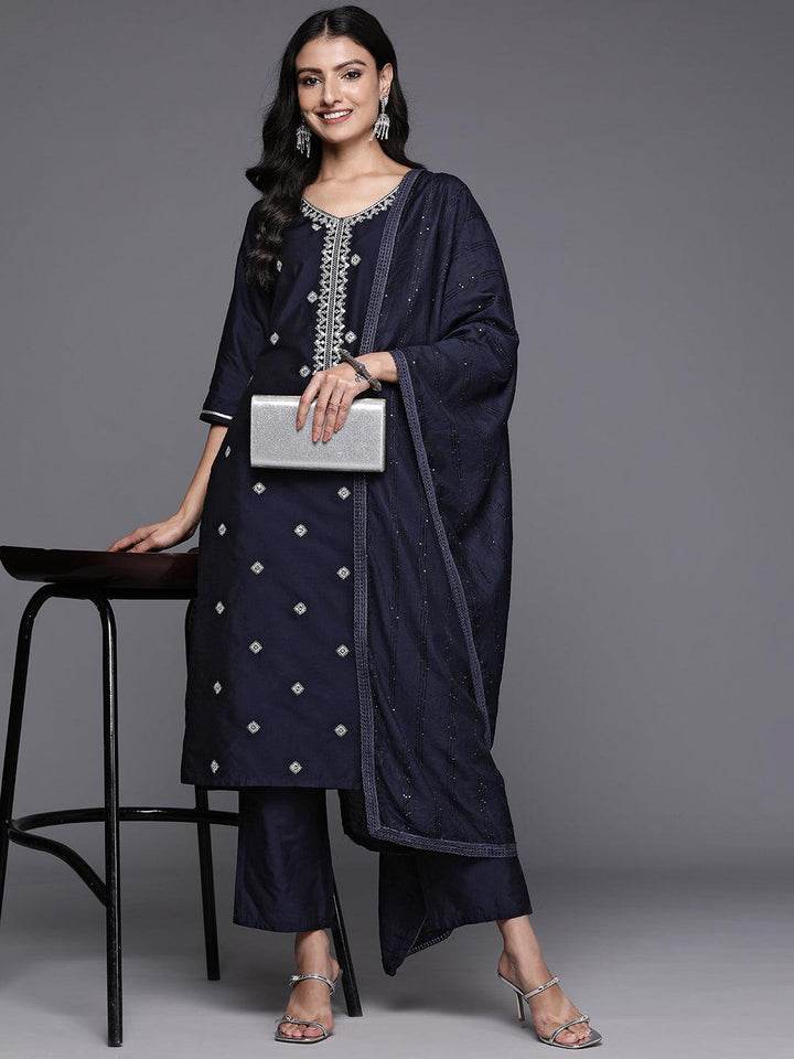 Blue Yoke Design Silk Blend Straight Kurta With Trousers & Dupatta - Libas