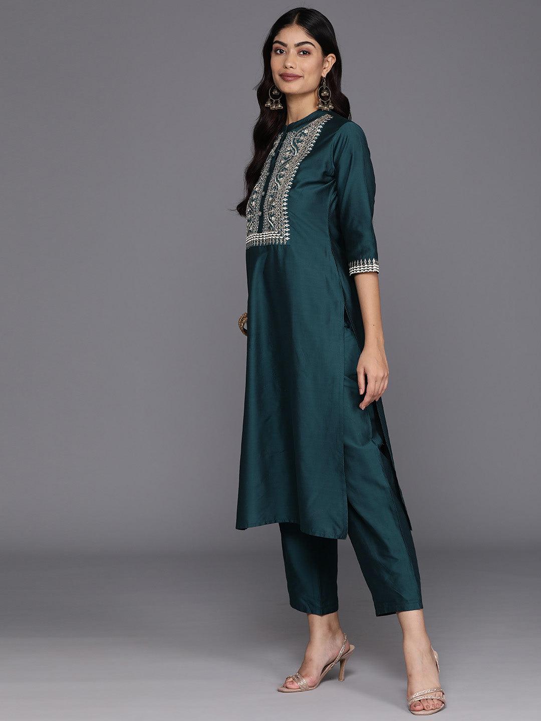 Blue Yoke Design Silk Blend Straight Kurta With Trousers & Dupatta - Libas 