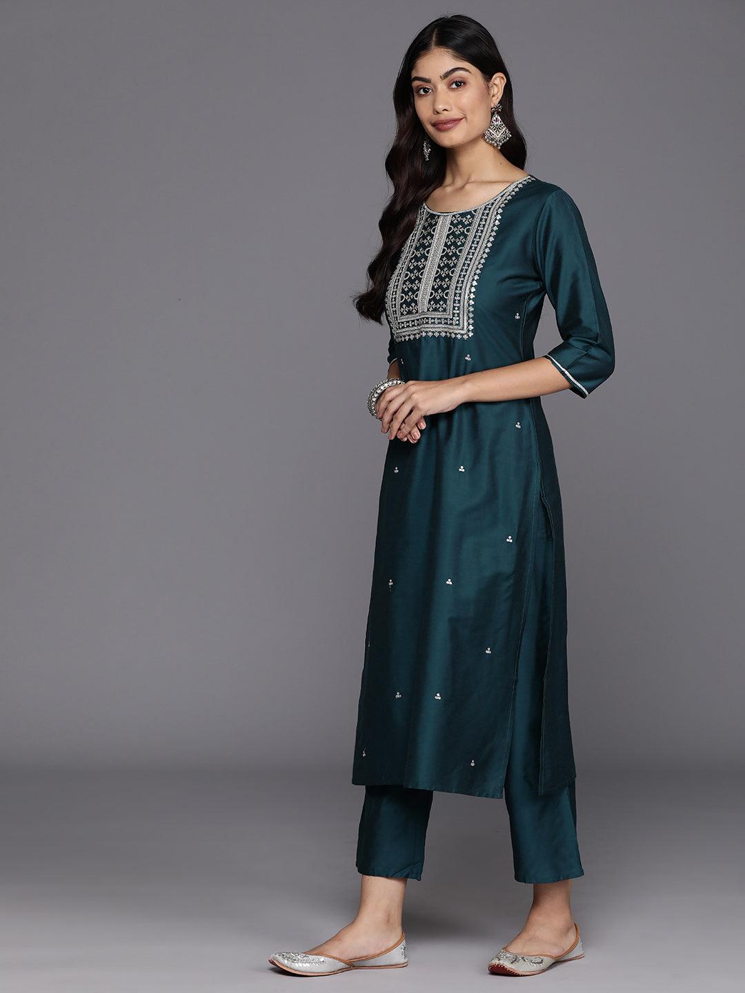 Blue Yoke Design Silk Blend Straight Kurta With Trousers & Dupatta - Libas 