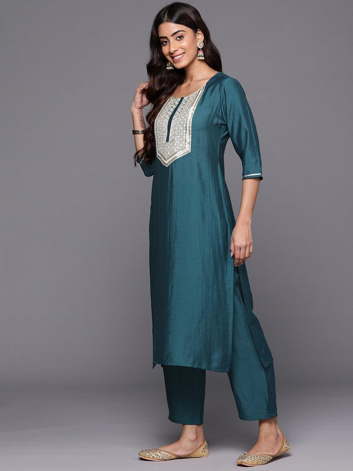 Blue Yoke Design Silk Blend Straight Kurta With Trousers & Dupatta - Libas