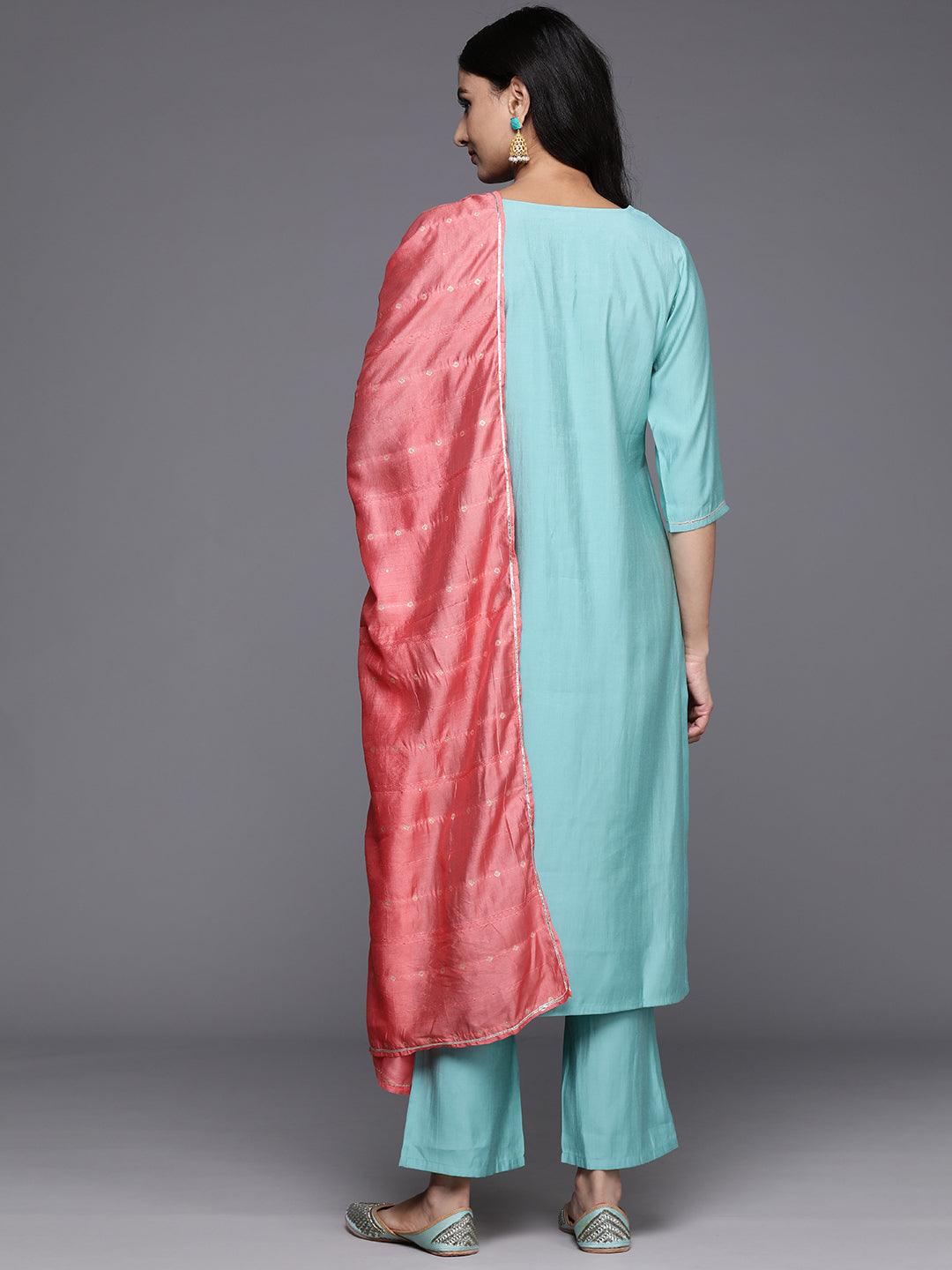 Blue Yoke Design Silk Blend Straight Kurta With Trousers & Dupatta - Libas 