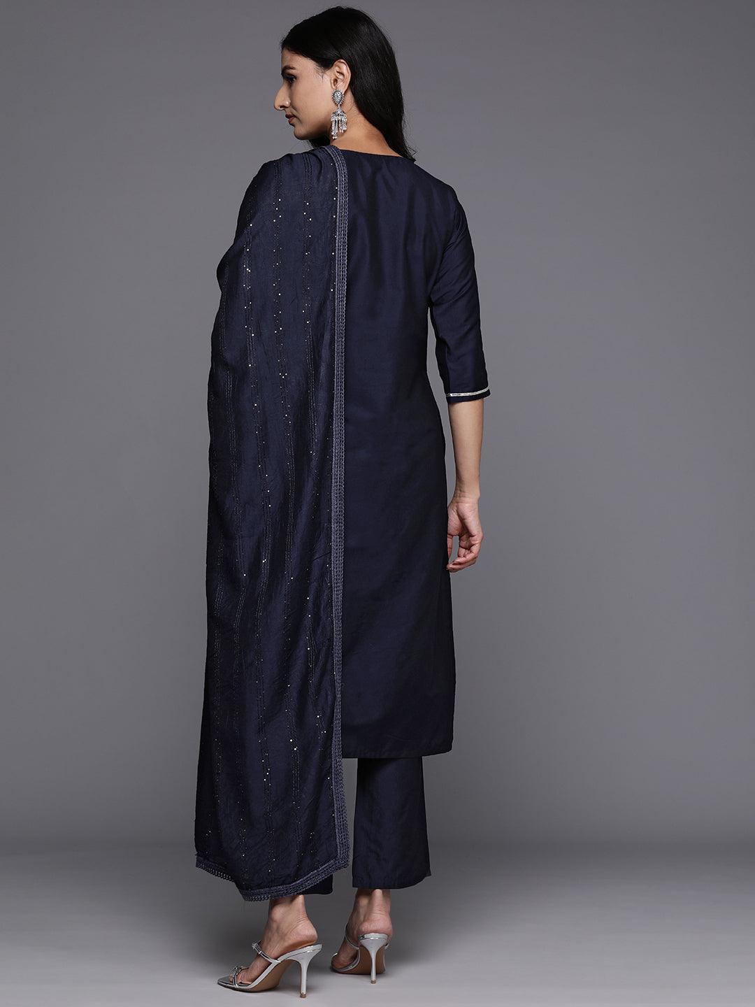 Blue Yoke Design Silk Blend Straight Kurta With Trousers & Dupatta - Libas 