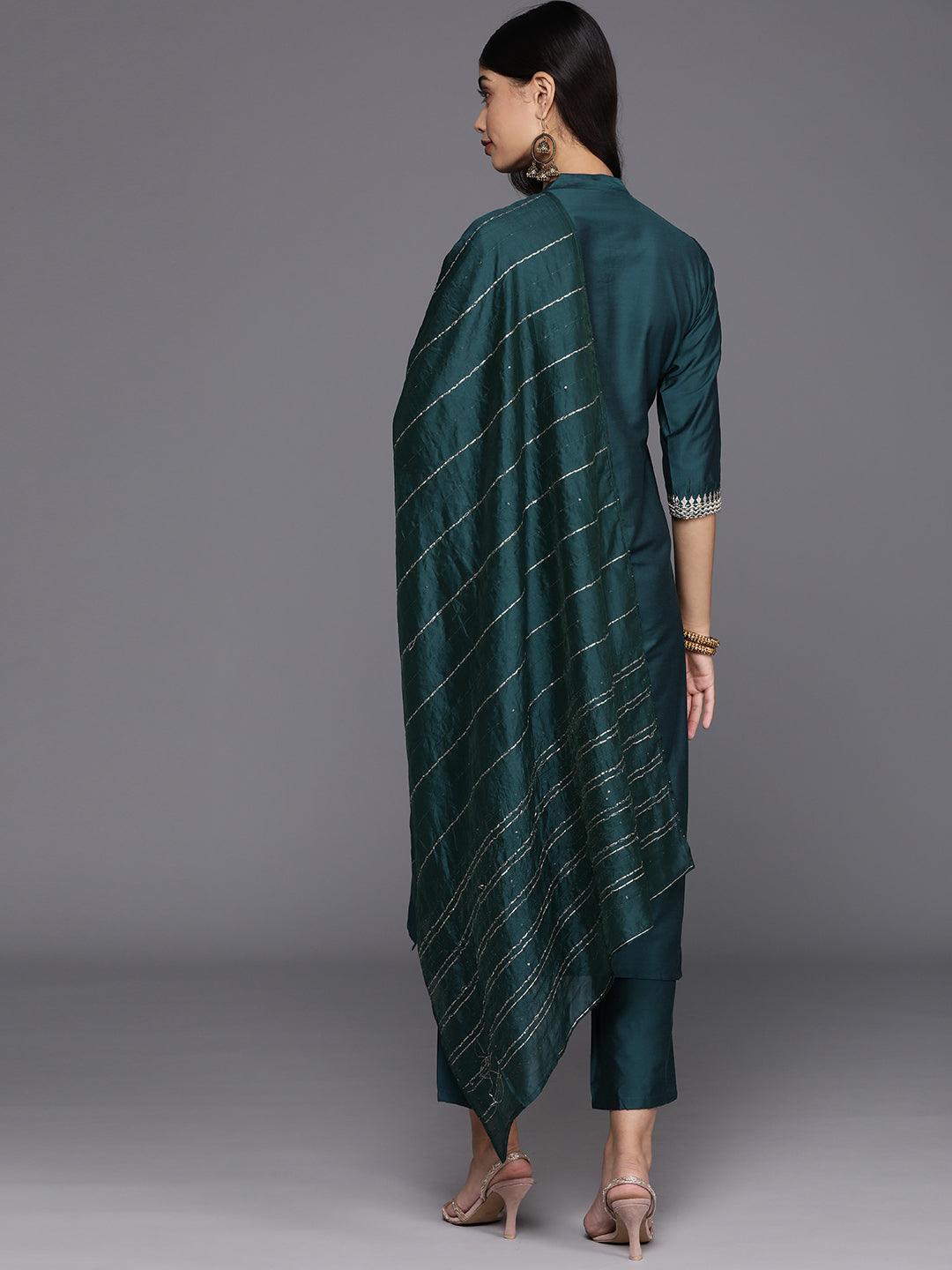 Blue Yoke Design Silk Blend Straight Kurta With Trousers & Dupatta - Libas