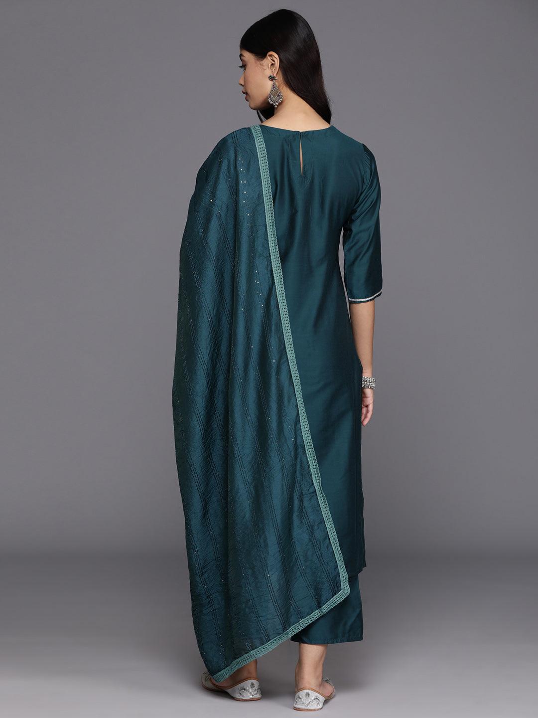 Blue Yoke Design Silk Blend Straight Kurta With Trousers & Dupatta - Libas 