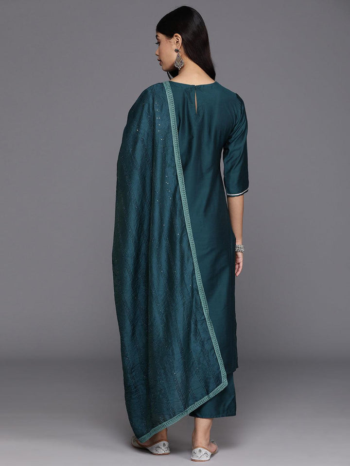 Blue Yoke Design Silk Blend Straight Kurta With Trousers & Dupatta - Libas