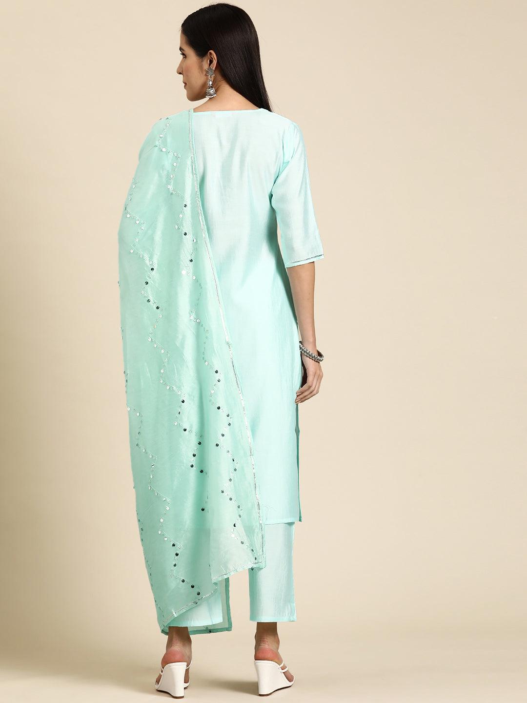 Blue Yoke Design Silk Blend Straight Kurta With Trousers & Dupatta - Libas 