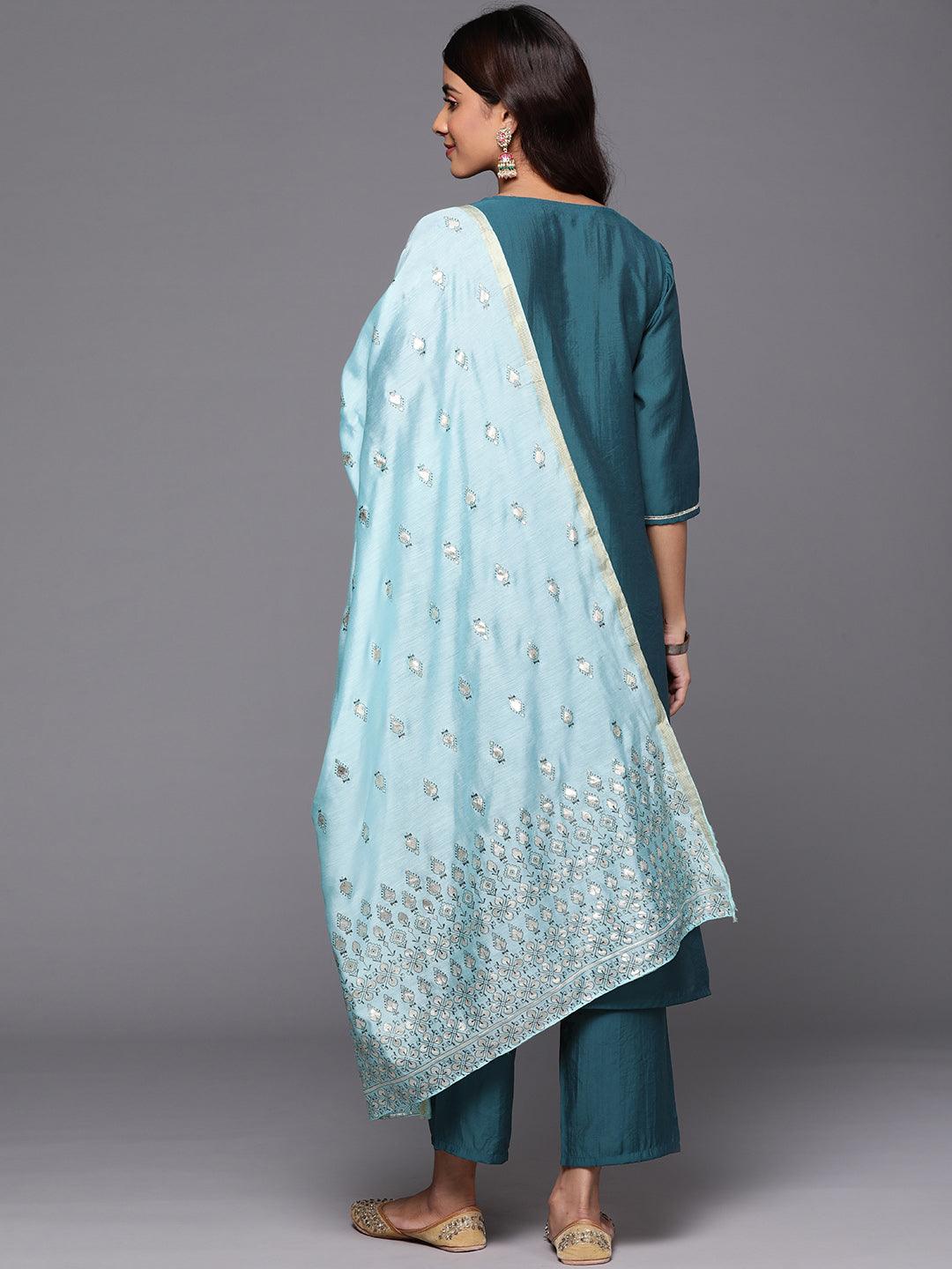 Blue Yoke Design Silk Blend Straight Kurta With Trousers & Dupatta - Libas