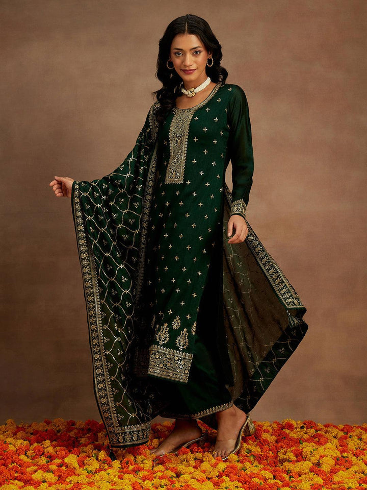 Bottle Green Embroidered Silk Blend Straight Kurta With Trousers & Dupatta - Libas