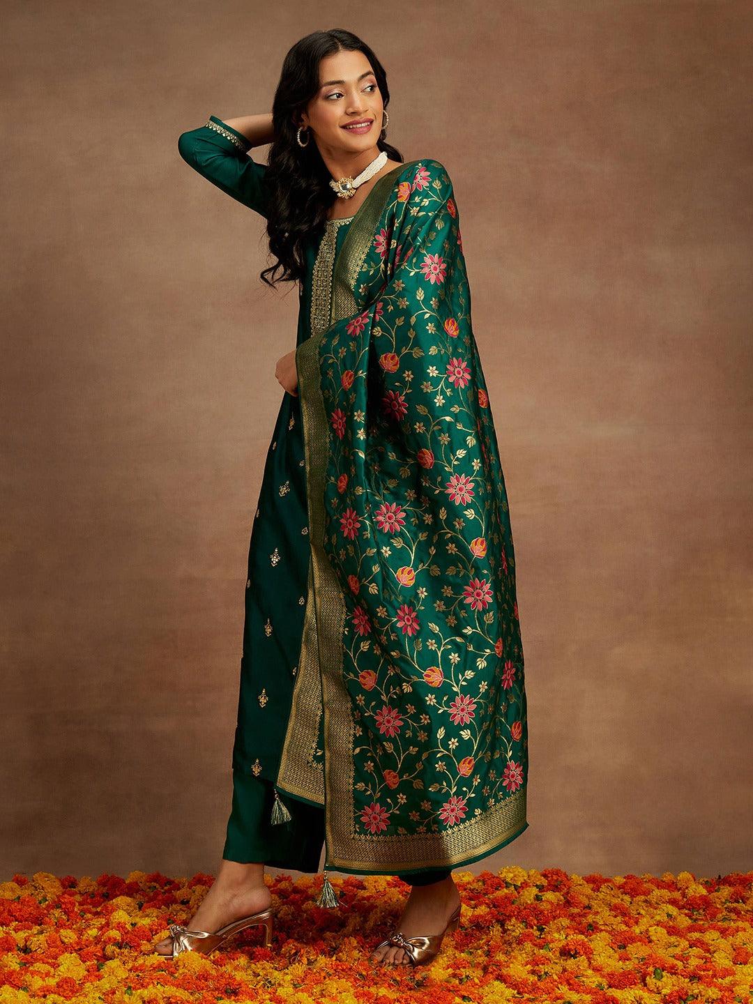 Bottle Green Embroidered Silk Blend Straight Kurta With Trousers & Dupatta - Libas