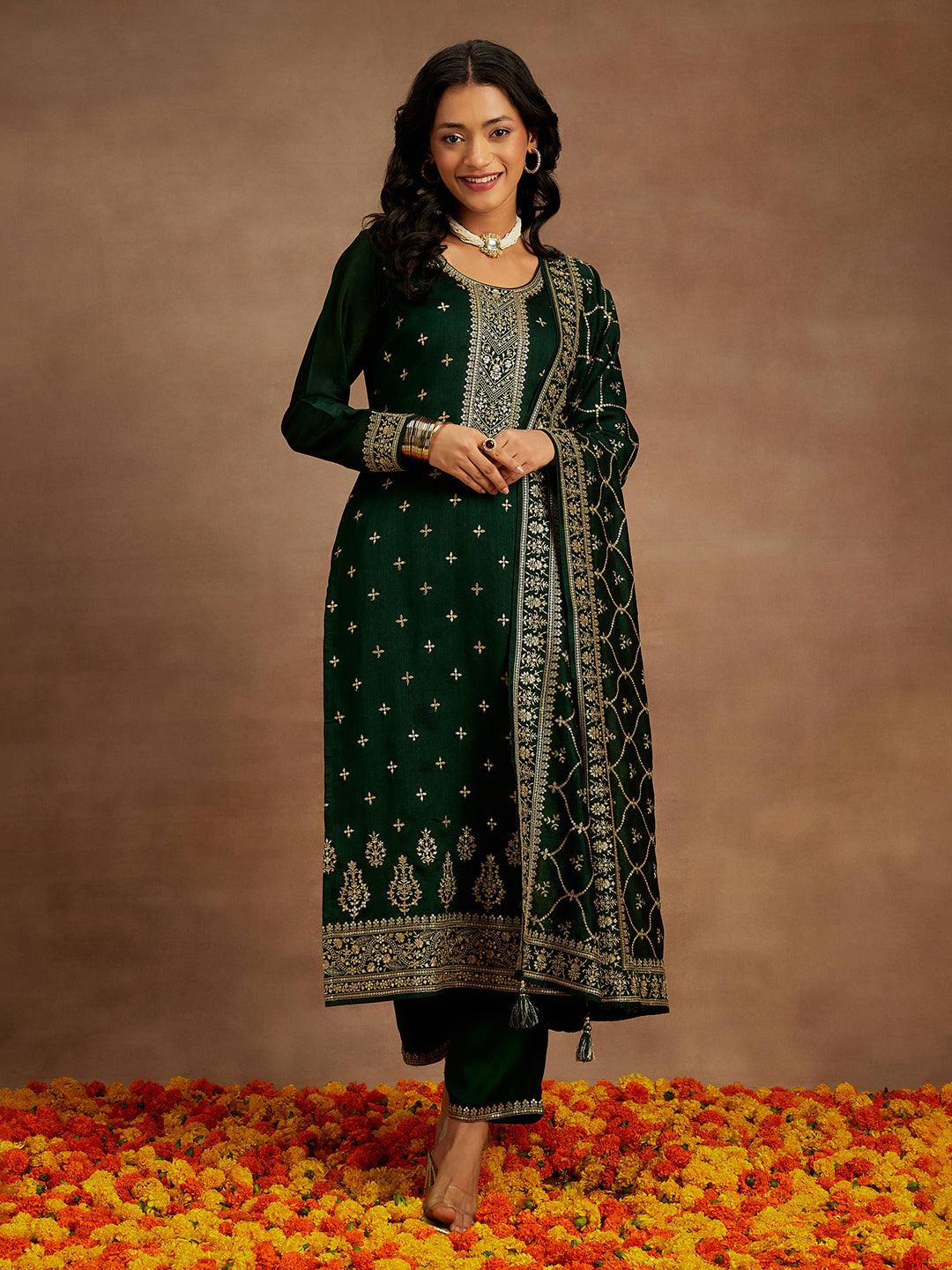 Bottle Green Embroidered Silk Blend Straight Kurta With Trousers & Dupatta - Libas 