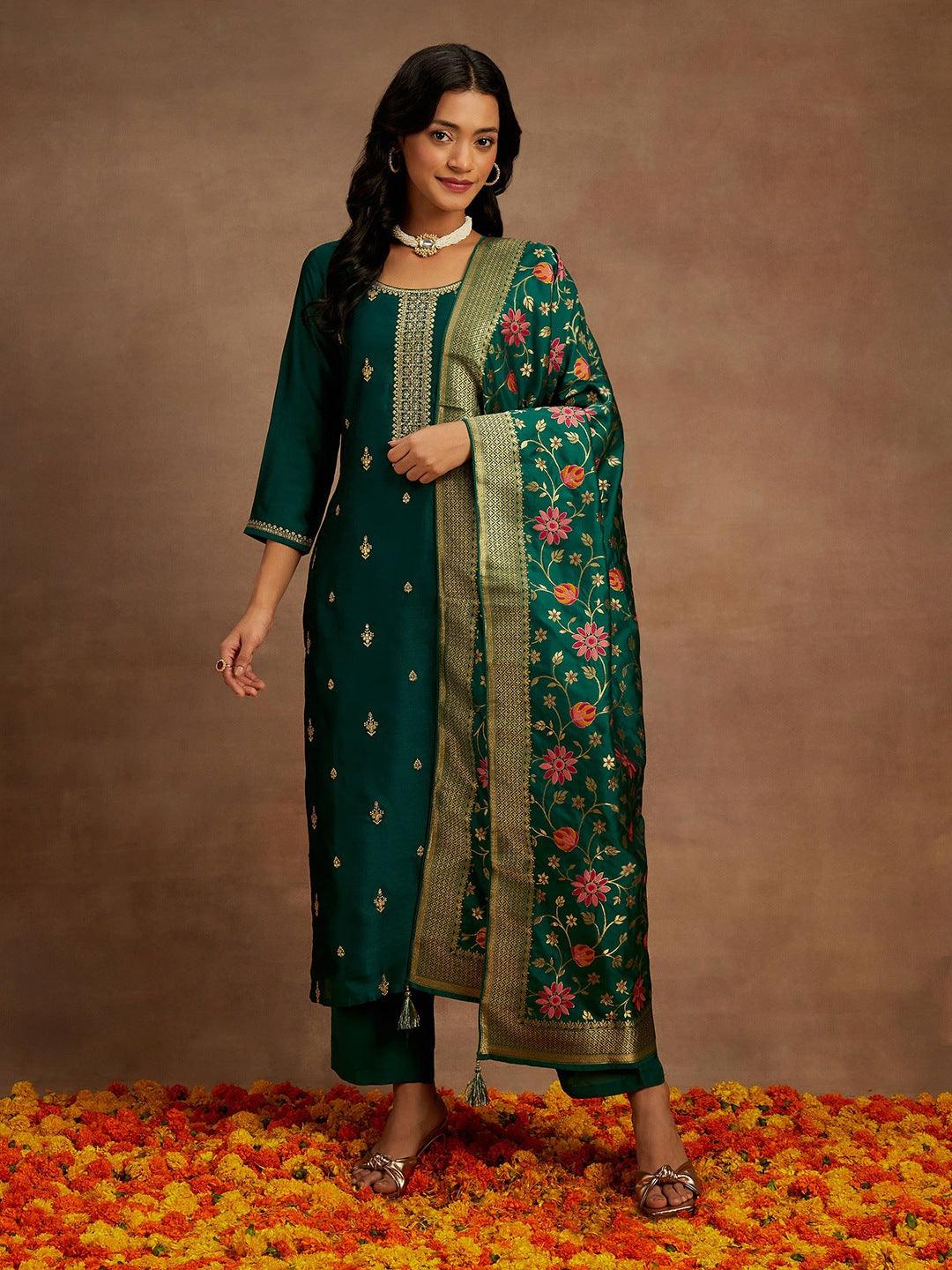 Bottle Green Embroidered Silk Blend Straight Kurta With Trousers & Dupatta - Libas 