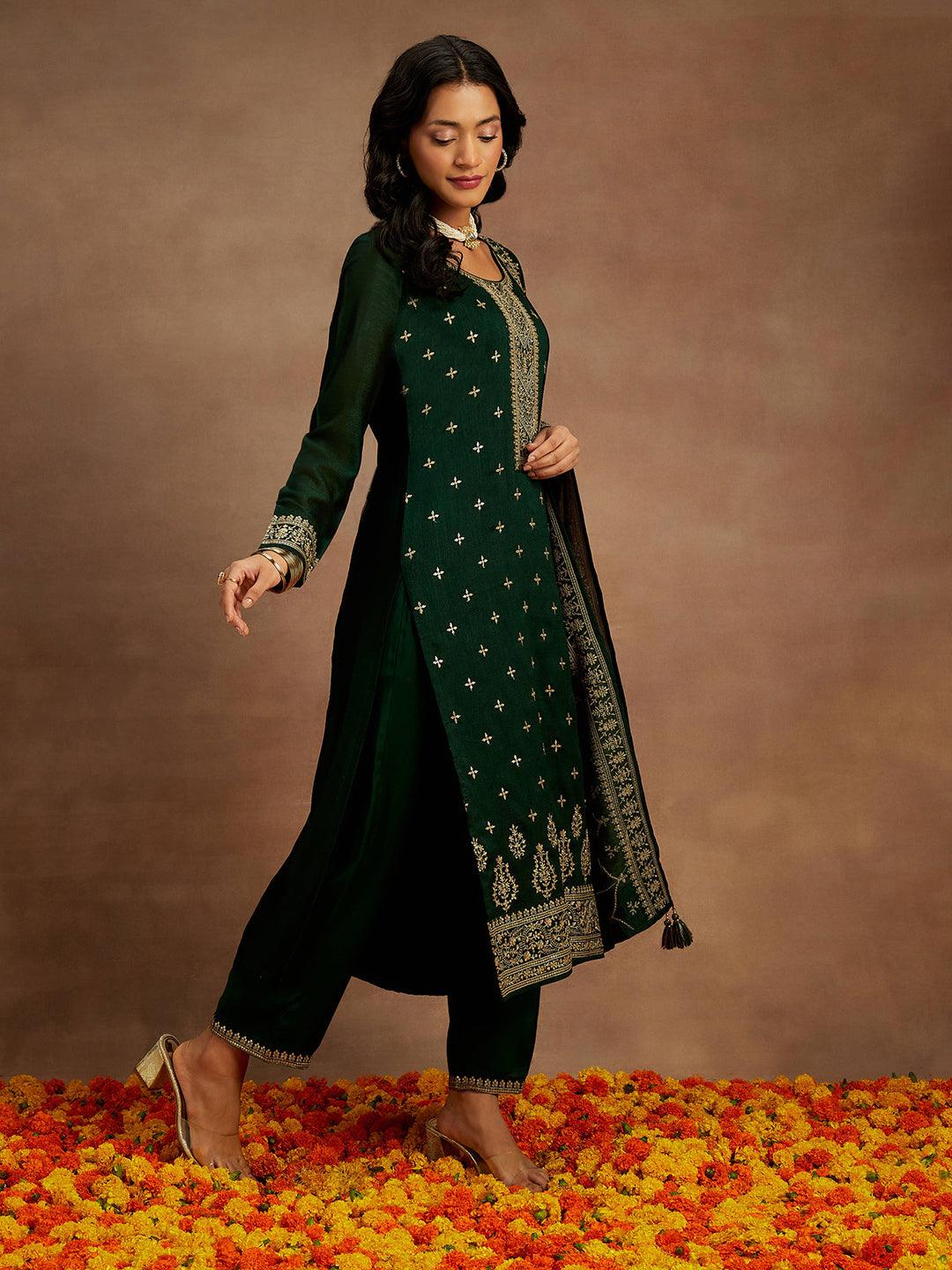 Bottle Green Embroidered Silk Blend Straight Kurta With Trousers & Dupatta - Libas 