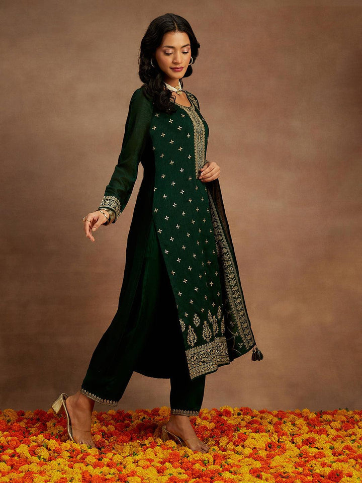 Bottle Green Embroidered Silk Blend Straight Kurta With Trousers & Dupatta - Libas