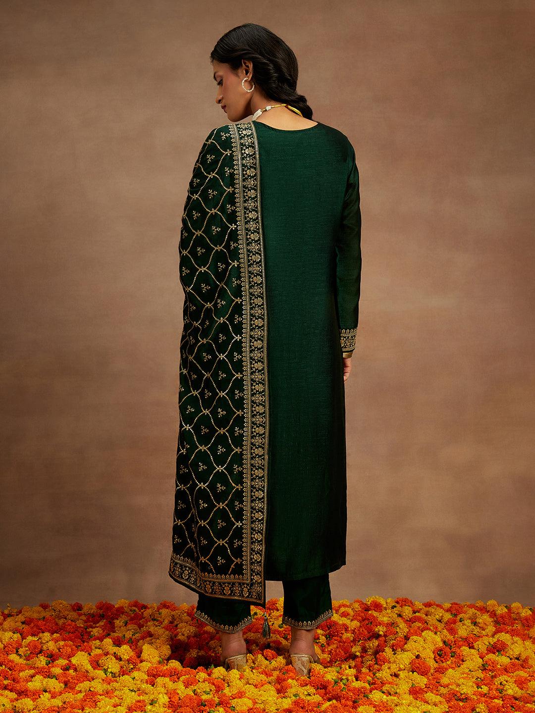 Bottle Green Embroidered Silk Blend Straight Kurta With Trousers & Dupatta - Libas