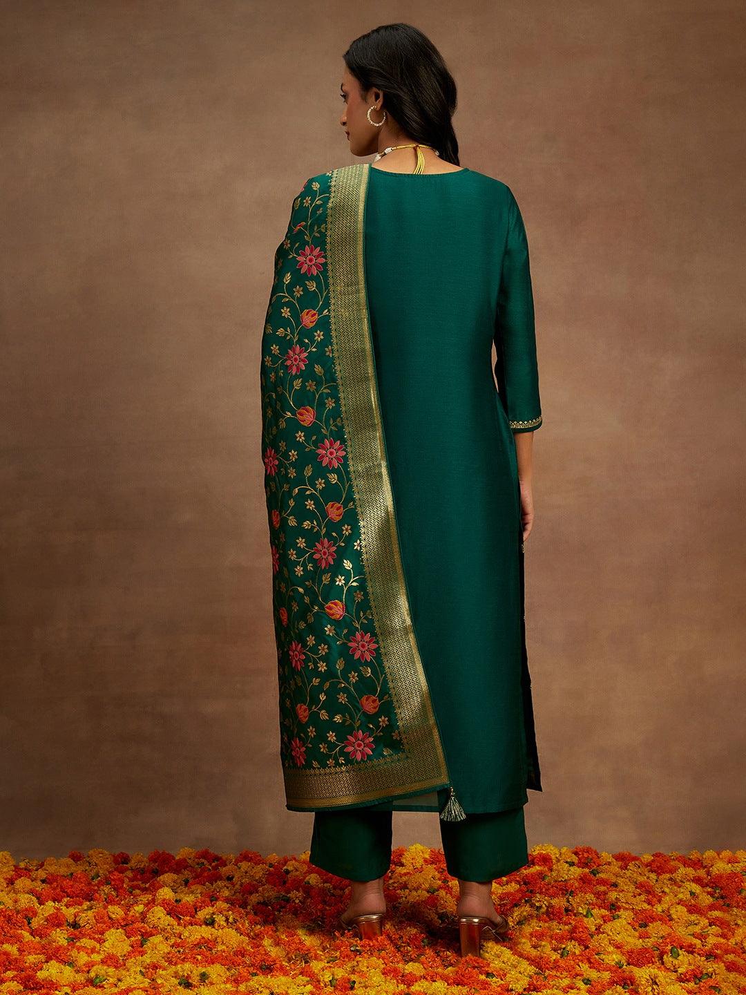 Bottle Green Embroidered Silk Blend Straight Kurta With Trousers & Dupatta - Libas 