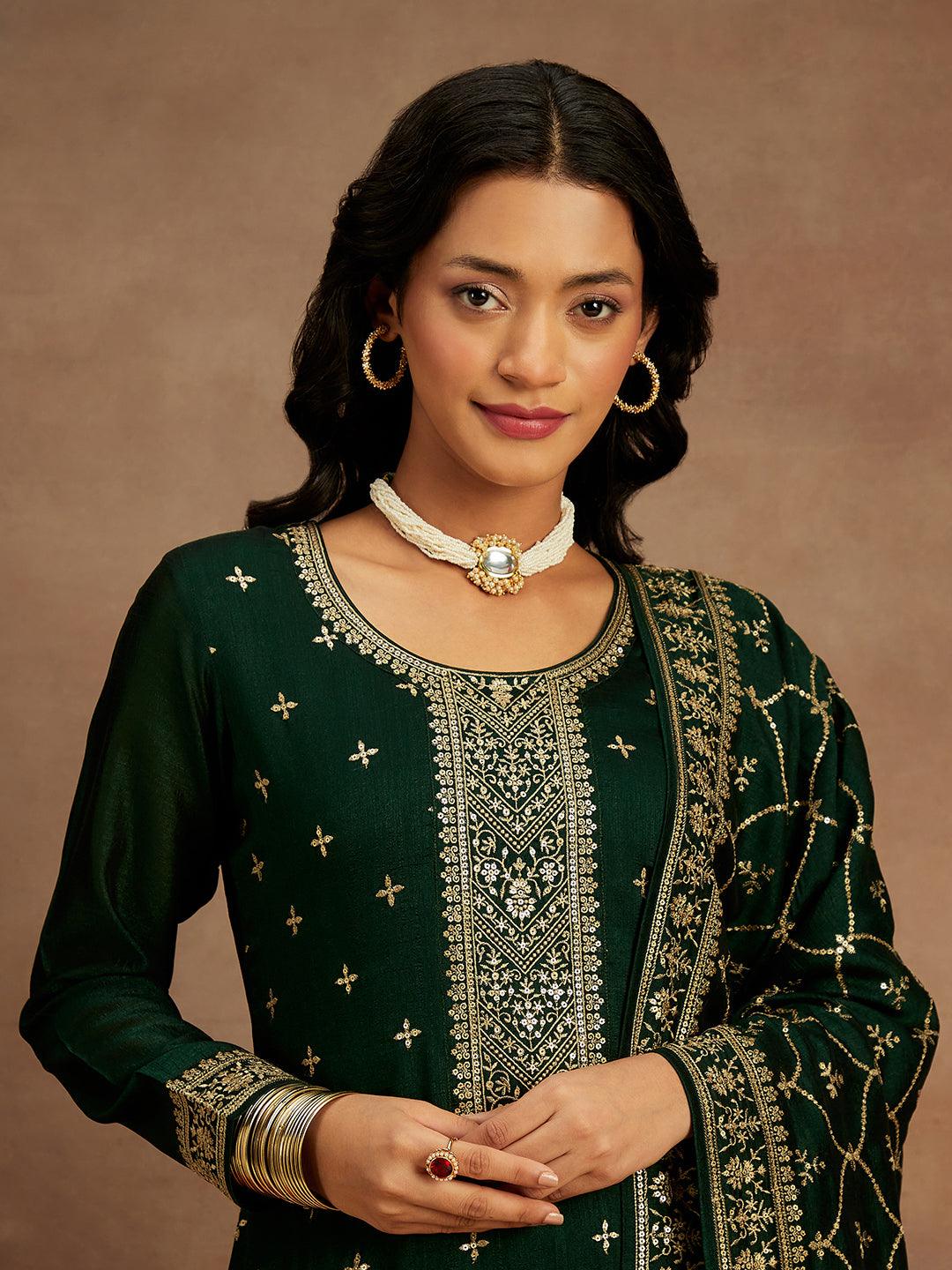 Bottle Green Embroidered Silk Blend Straight Kurta With Trousers & Dupatta - Libas