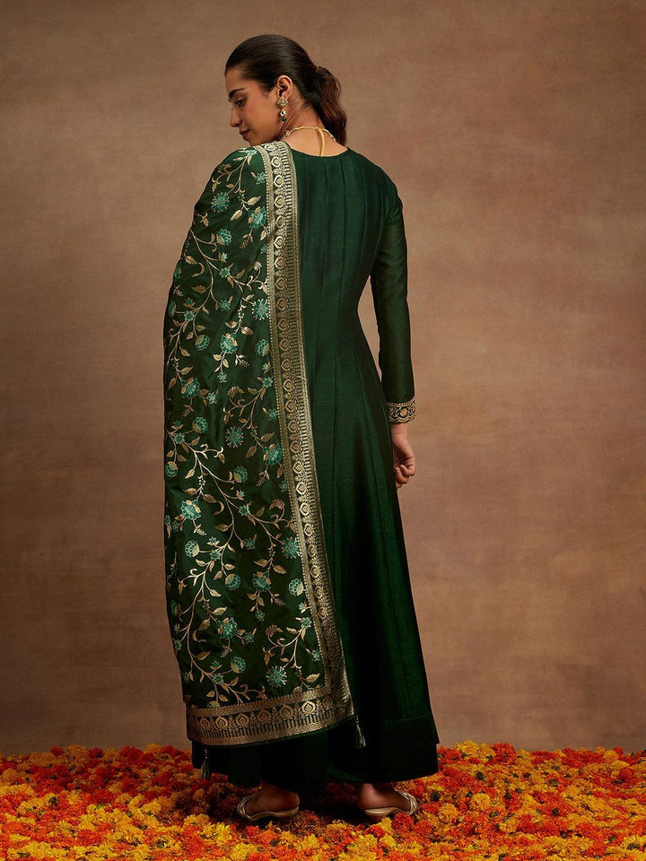 Bottle Green Yoke Design Silk Blend Anarkali Kurta With Trousers & Dupatta - Libas