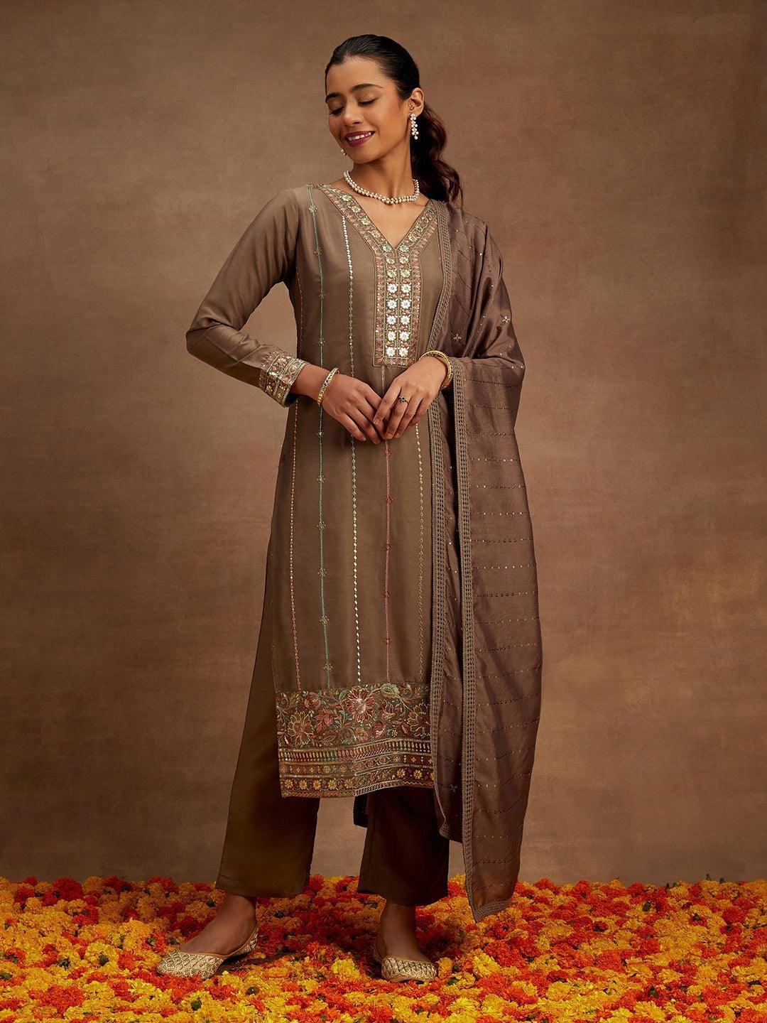 Brown Embroidered Silk Straight Kurta With Trousers & Dupatta - Libas