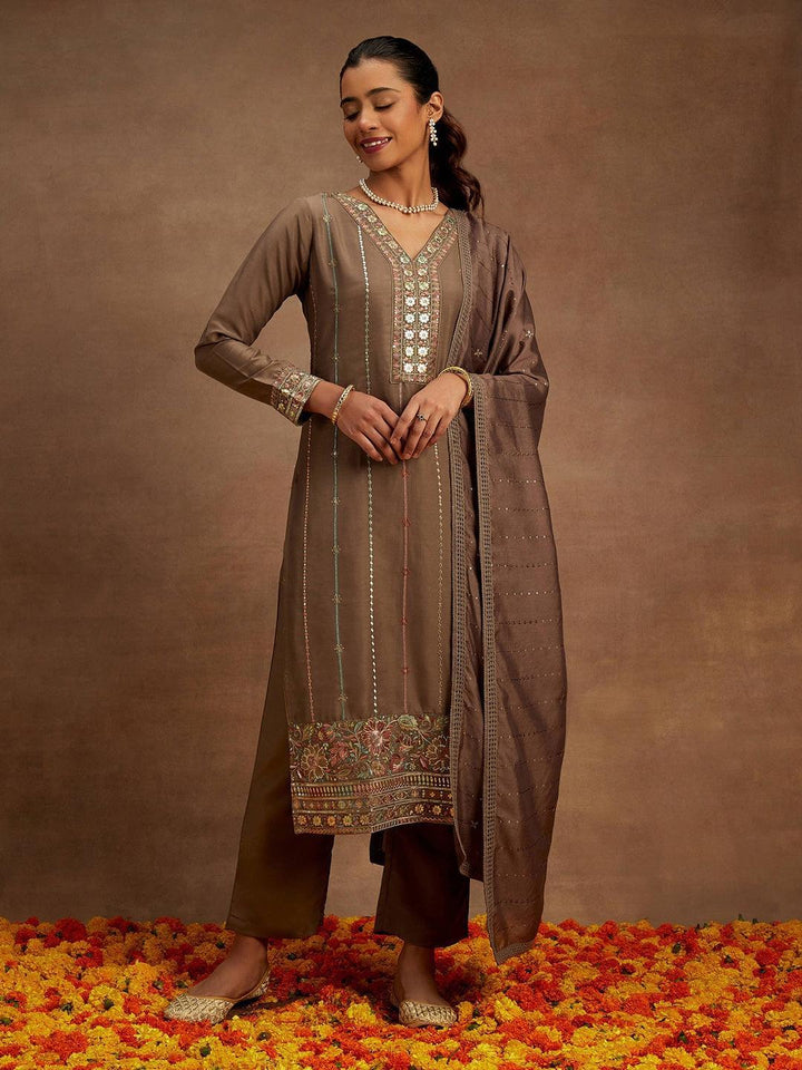 Brown Embroidered Silk Straight Kurta With Trousers & Dupatta - Libas