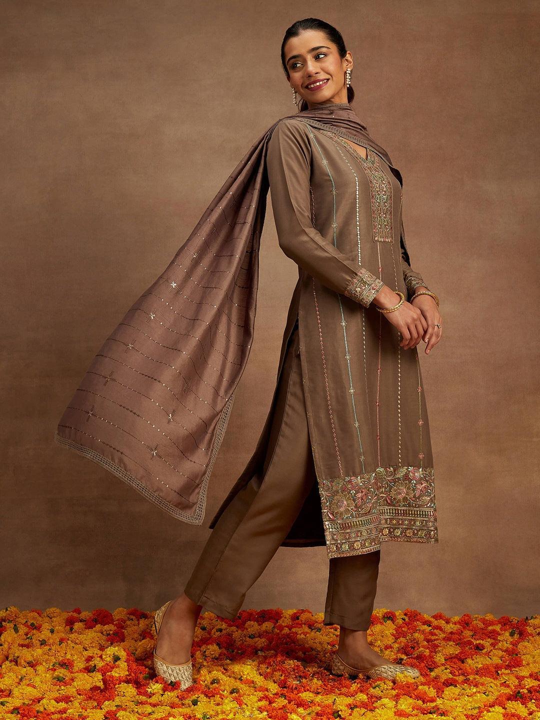 Brown Embroidered Silk Straight Kurta With Trousers & Dupatta - Libas 