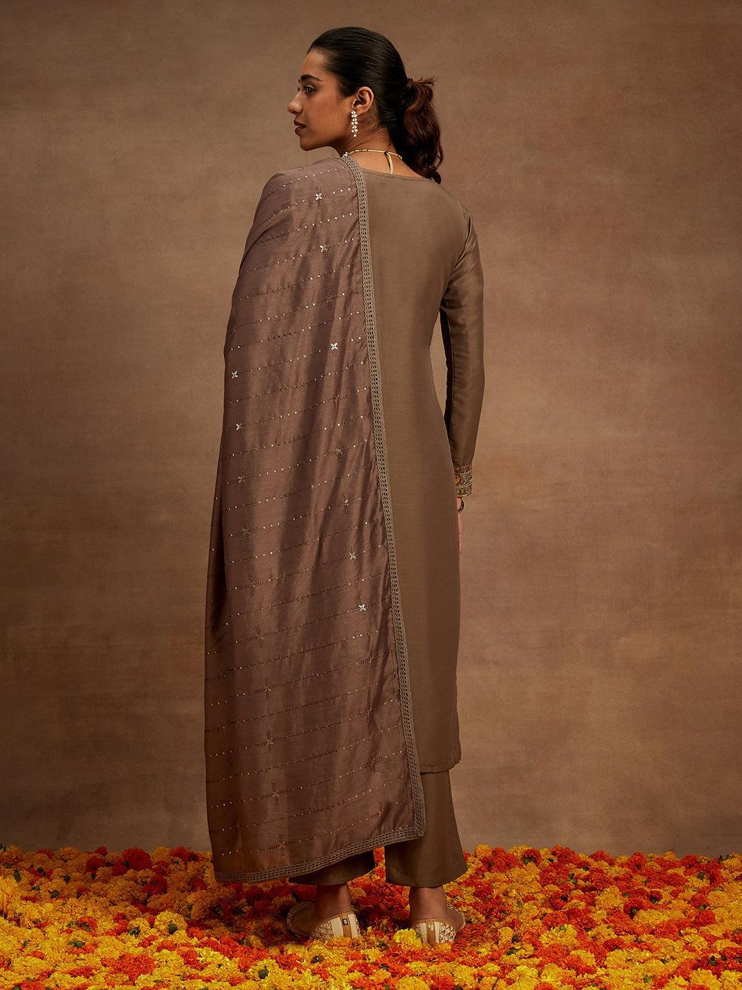 Brown Embroidered Silk Straight Kurta With Trousers & Dupatta - Libas