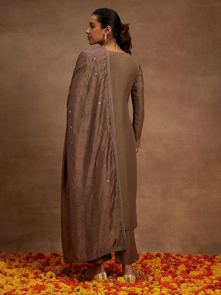 Brown Embroidered Silk Straight Kurta With Trousers & Dupatta - Libas