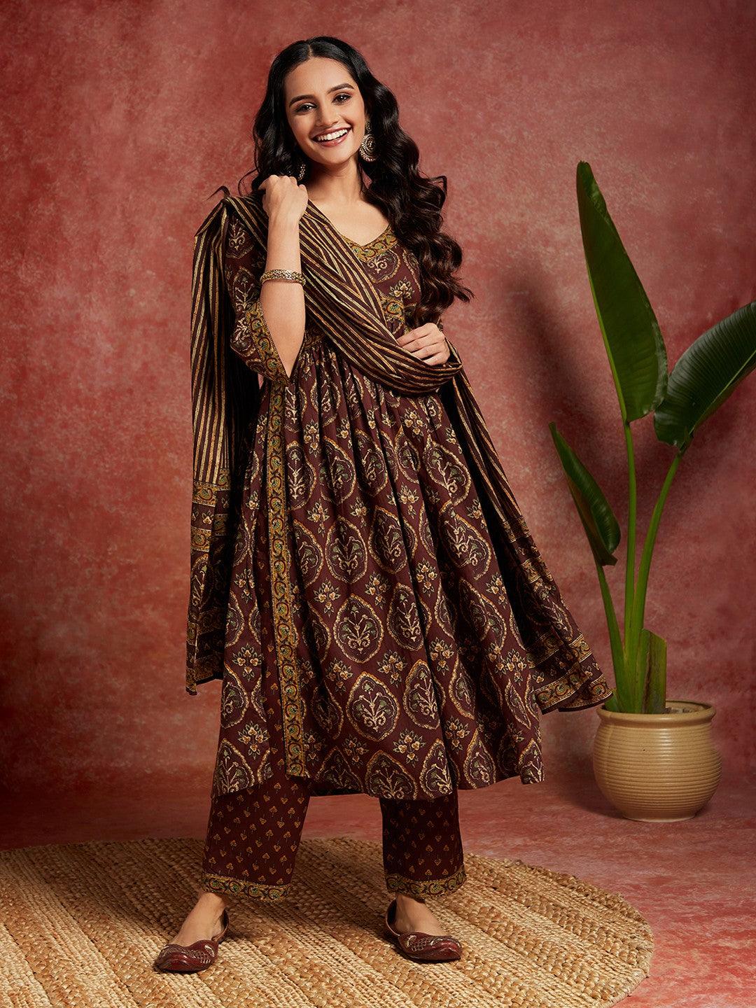 Brown Printed Cotton A-Line Kurta With Trousers & Dupatta - Libas