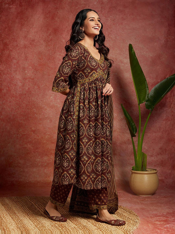 Brown Printed Cotton A-Line Kurta With Trousers & Dupatta - Libas