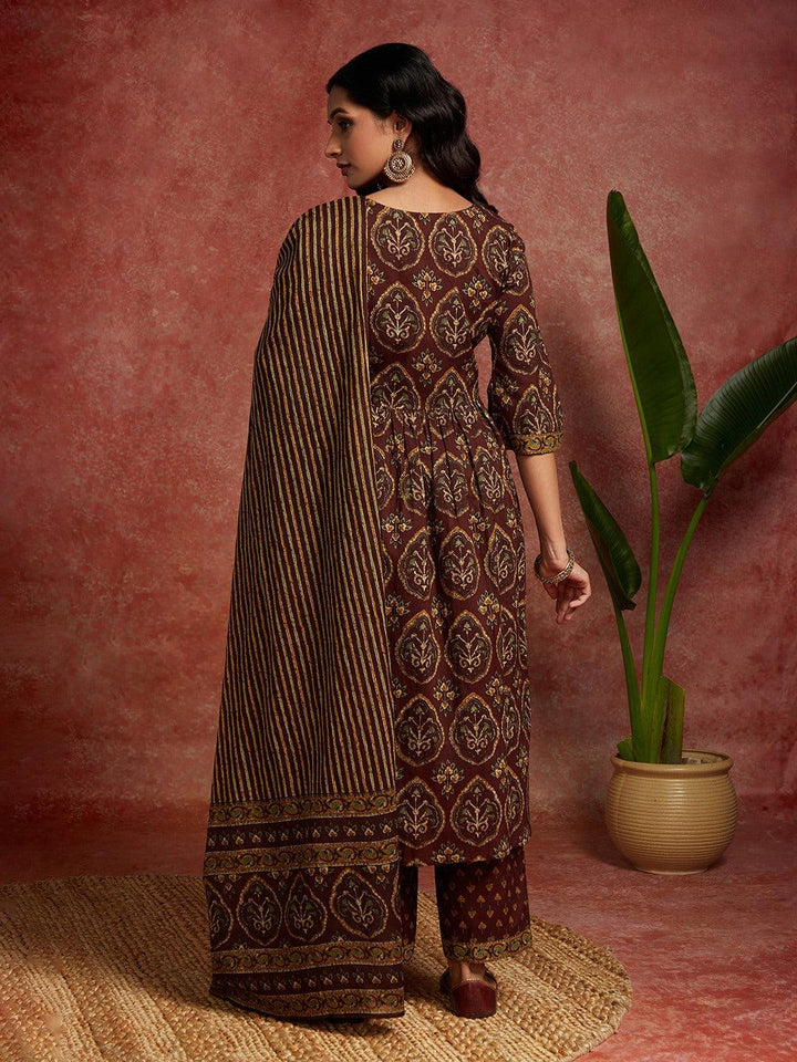 Brown Printed Cotton A-Line Kurta With Trousers & Dupatta - Libas