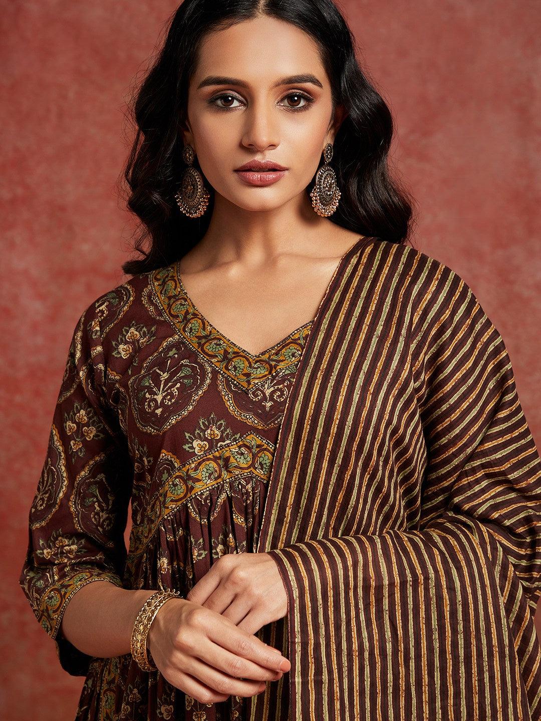 Brown Printed Cotton A-Line Kurta With Trousers & Dupatta - Libas