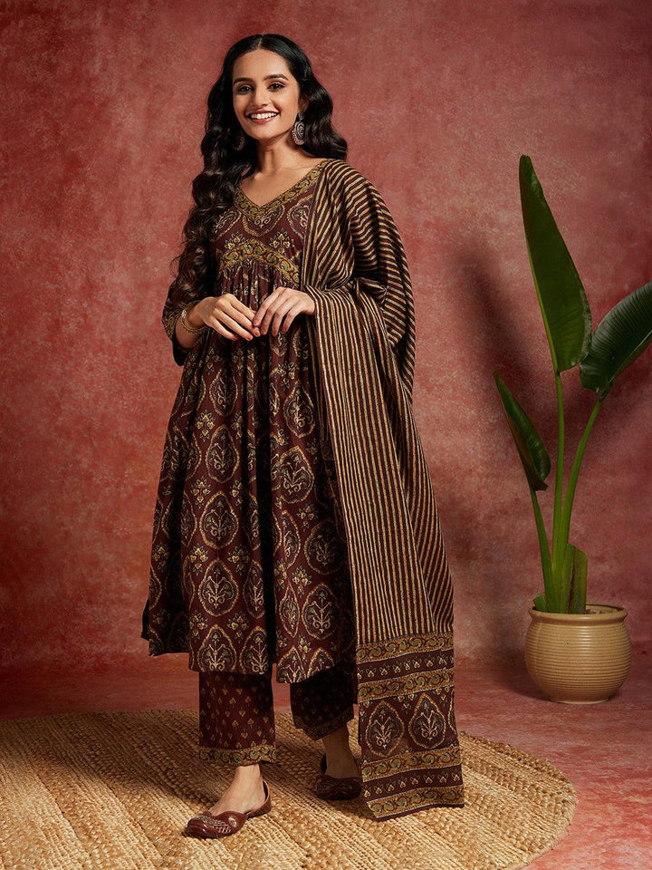 Brown Printed Cotton A-Line Kurta With Trousers & Dupatta - Libas