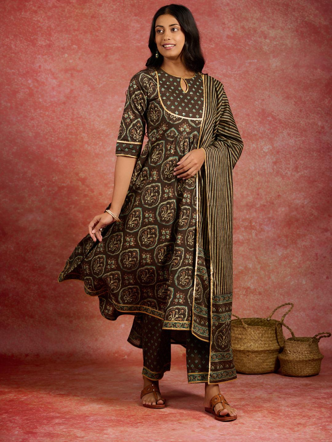 Brown Printed Cotton Kurta With Trousers & Dupatta - Libas