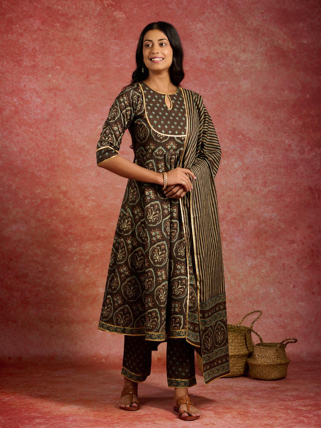 Brown Printed Cotton Kurta With Trousers & Dupatta - Libas