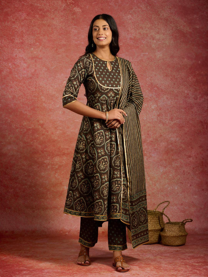 Brown Printed Cotton Kurta With Trousers & Dupatta - Libas